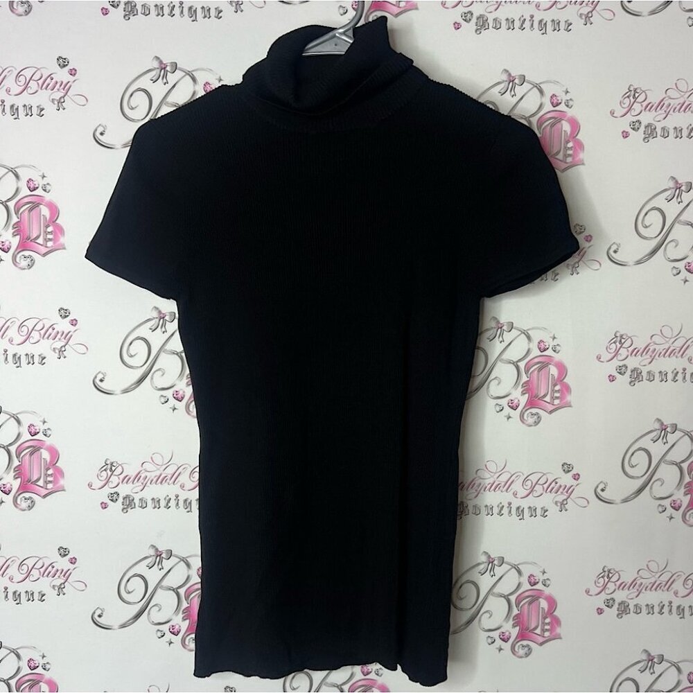 August Silk turtleneck sweater ribbed Black Short Sleeve Turtleneck Top